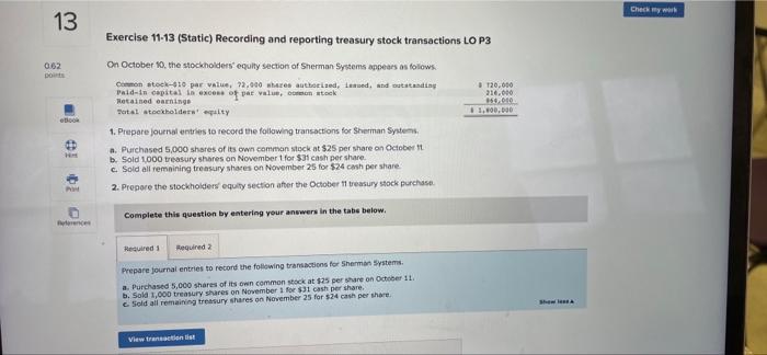 13 062 points eBook 10 10 P References Exercise 11-13 (Static) Recording