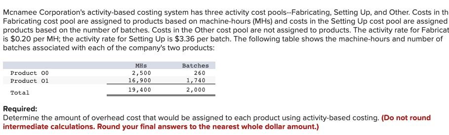 Mcnamee Corporation's activity-based costing system has three activity cost pools--Fabricating, Setting Up,
