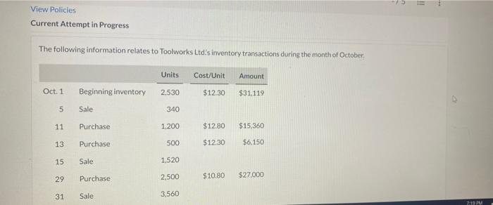 View Policies Current Attempt in Progress The following information relates to Toolworks