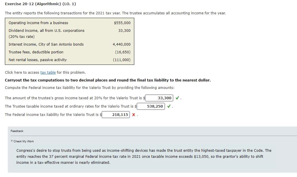 Exercise 20-12 (Algorithmic) (LO. 1) The entity reports the following transactions for