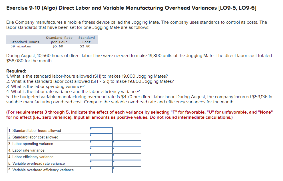 Exercise 9-10 (Algo) Direct Labor and Variable Manufacturing Overhead Variances [LO9-5, LO9-6]