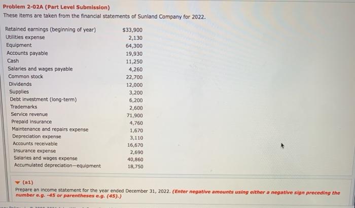 Problem 2-02A (Part Level Submission) These items are taken from the financial