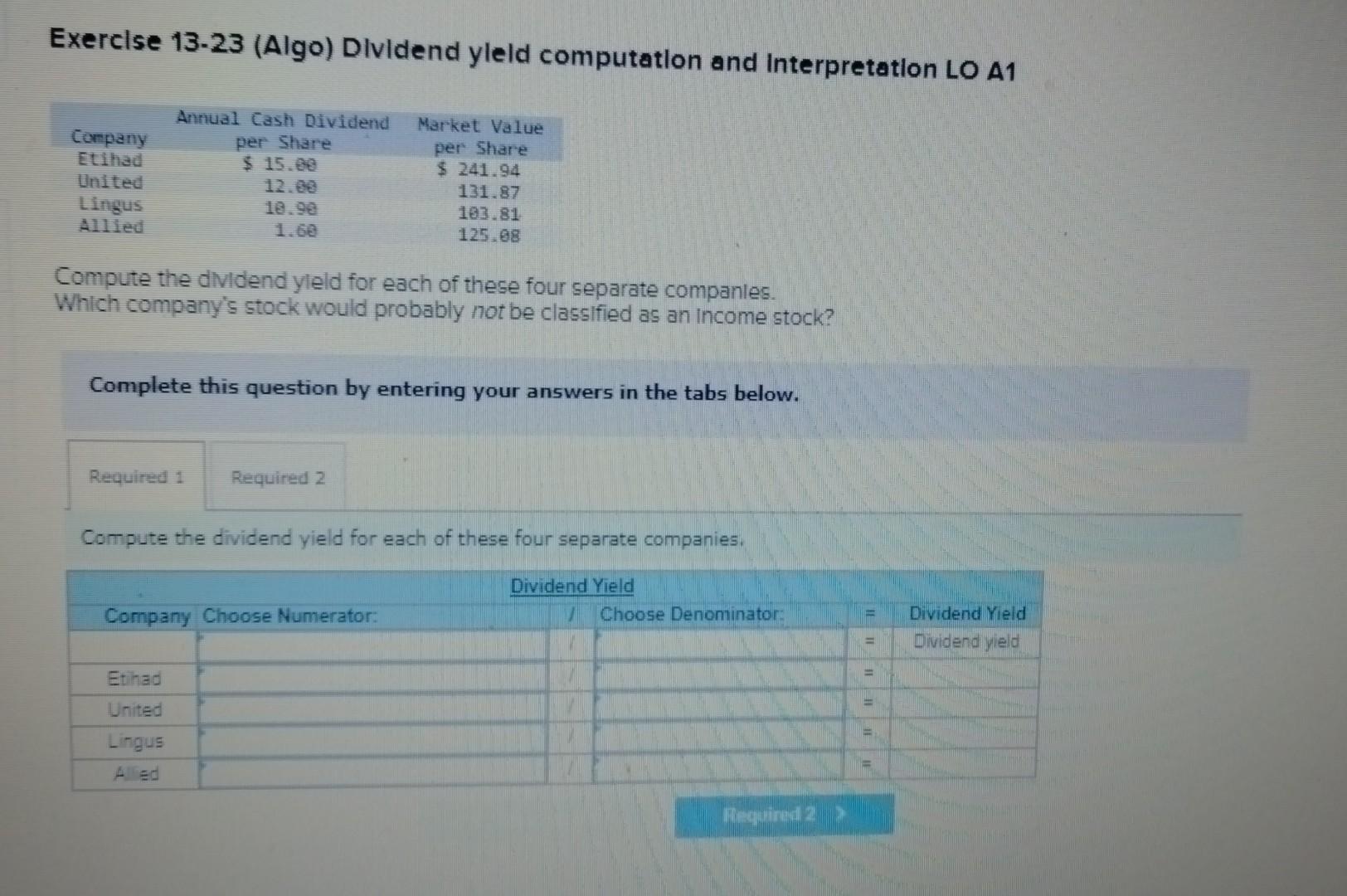 Exercise 13-23 (Algo) Dividend yield computation and Interpretation LO A1 Company Etihad