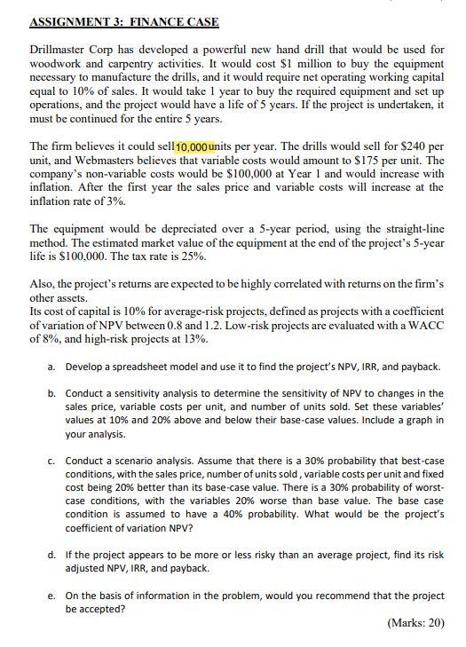 ASSIGNMENT 3: FINANCE CASE Drillmaster Corp has developed a powerful new hand