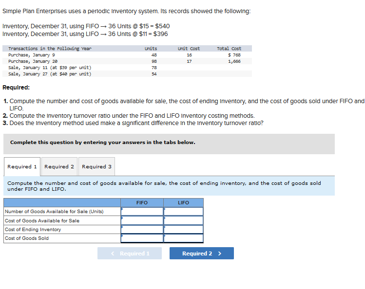Simple Plan Enterprises uses a periodic Inventory system. Its records showed the