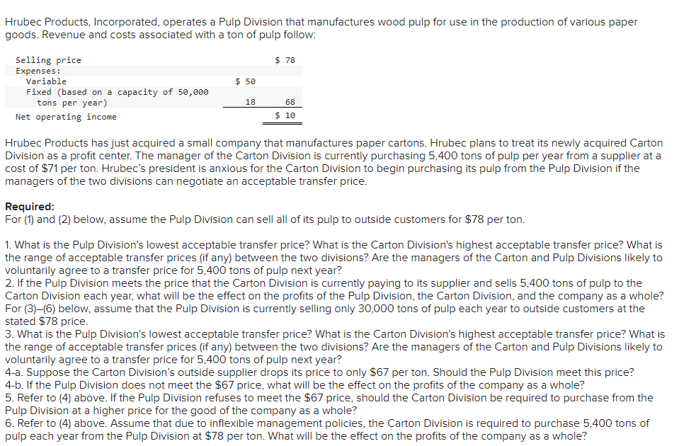 a transfer price for 5,400 tons of pulp next year? (Round your