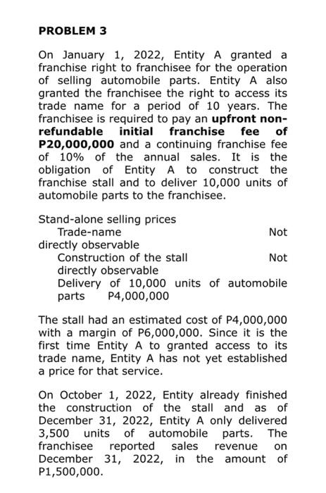 PROBLEM 3 On January 1, 2022, Entity A granted a franchise right