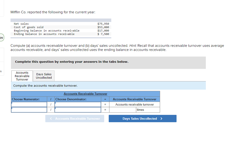 Mifflin Co. reported the following for the current year: Net sales $75,950
