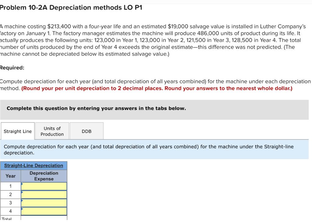 Problem 10-2A Depreciation methods LO P1 A machine costing $213,400 with a