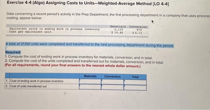 Exercise 4-4 (Algo) Assigning Costs to Units-Weighted-Average Method [LO 4-4] Data concerning