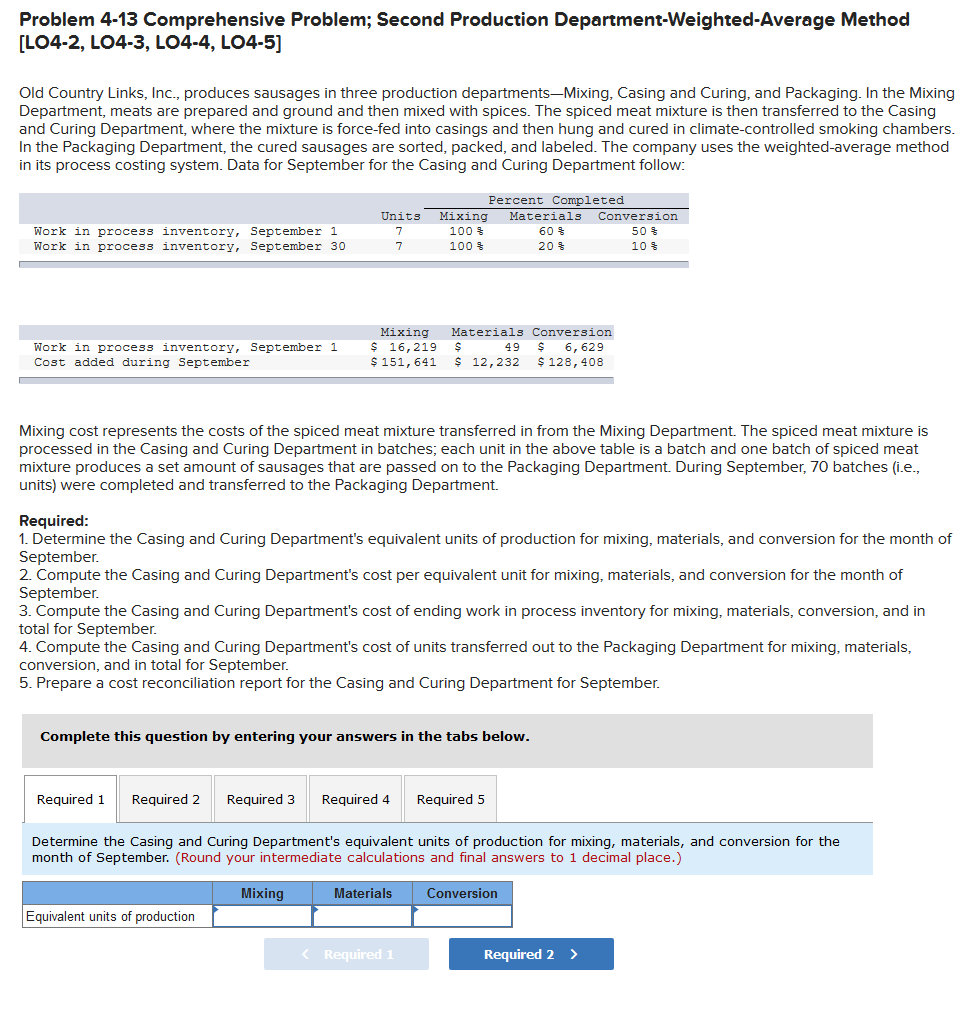 Problem 4-13 Comprehensive Problem; Second Production Department-Weighted-Average Method [LO4-2, LO4-3, LO4-4, LO4-5]