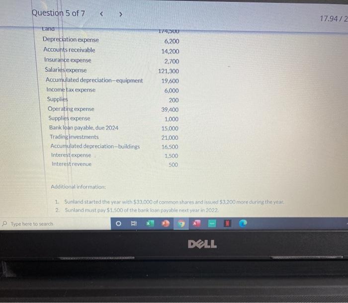 taken from the financial statements of Sunland Corporation for the year ended