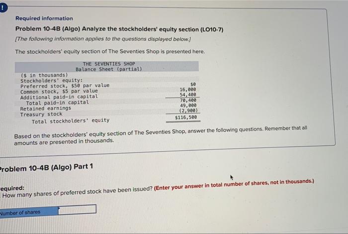 Required information Problem 10-4B (Algo) Analyze the stockholders' equity section (LO10-7) [The
