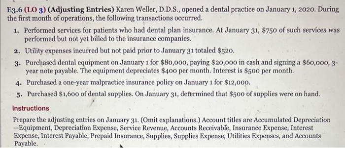 E3.6 (LO 3) (Adjusting Entries) Karen Weller, D.D.S., opened a dental practice