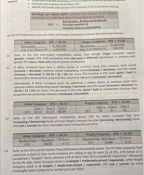 Purpose: stand that EPS cannot be used to compare pront Compute how