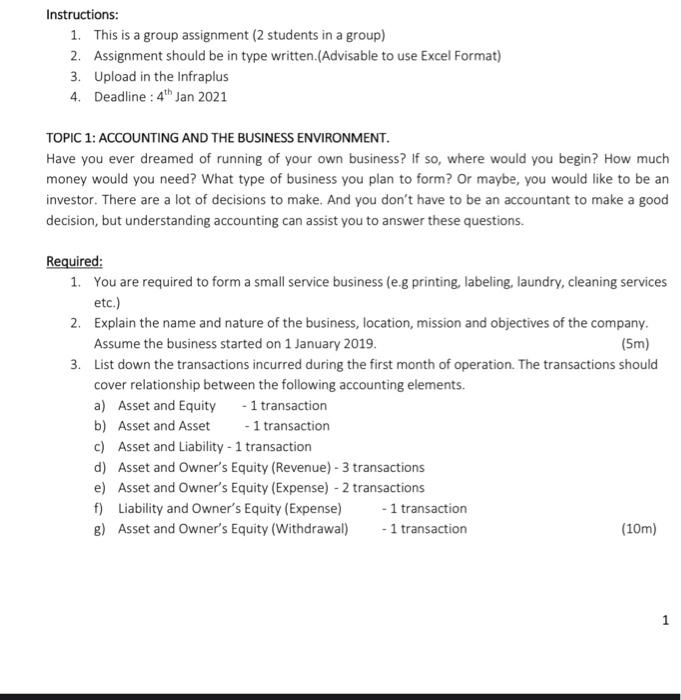 Instructions: 1. This is a group assignment (2 students in a group)