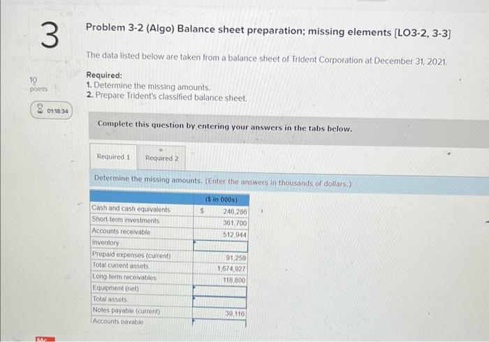 3 10 points 8 01:18:34 Problem 3-2 (Algo) Balance sheet preparation; missing