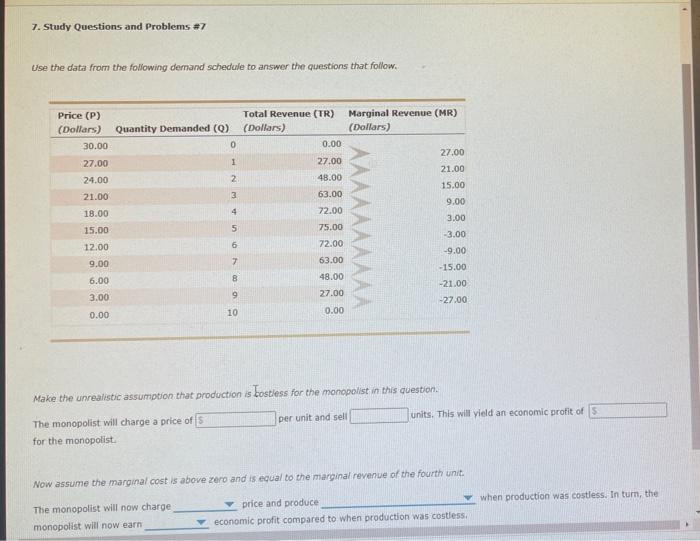 7. Study Questions and Problems #7 Use the data from the following