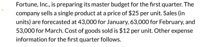 Fortune, Inc., is preparing its master budget for the first quarter. The