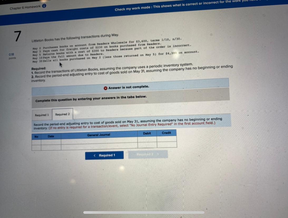 Chapter 6 Homework 0.18 points Check my work mode: This shows what