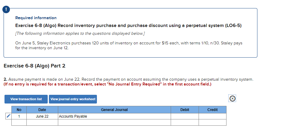 ! Required information Exercise 6-8 (Algo) Record inventory purchase and purchase discount