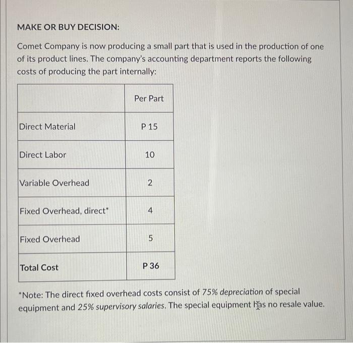 MAKE OR BUY DECISION: Comet Company is now producing a small part