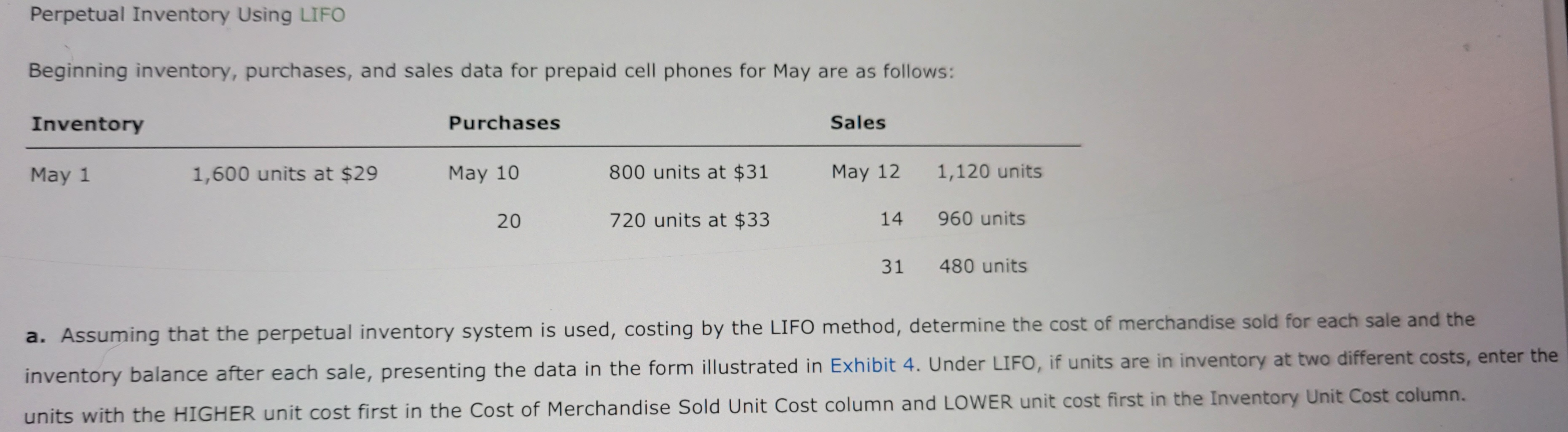 Perpetual Inventory Using LIFO Beginning inventory, purchases, and sales data for prepaid