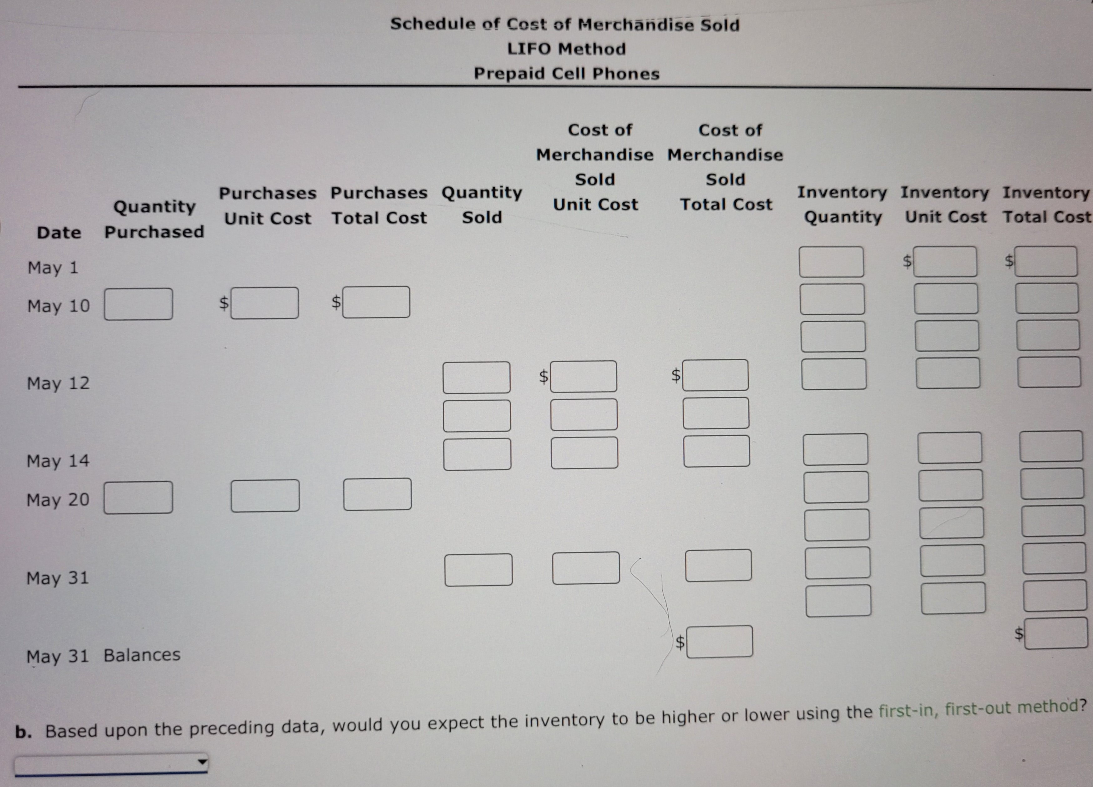 cell phones for May are as follows: Inventory Purchases Sales May 1