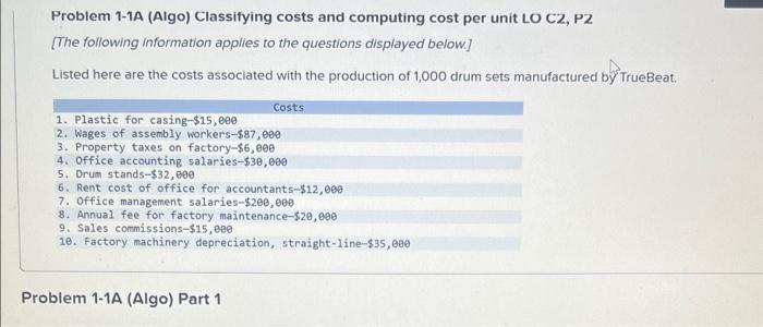 Problem 1-1A (Algo) Classifying costs and computing cost per unit LO CZ,