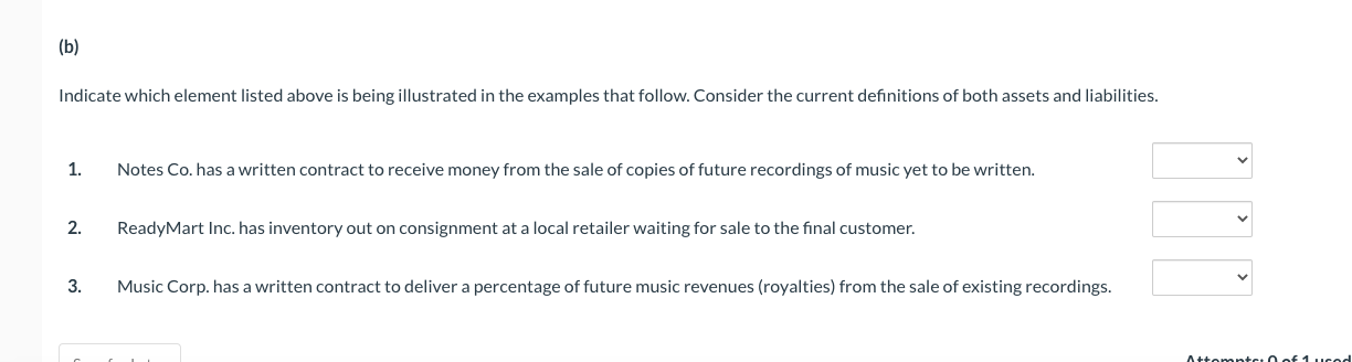 (b) Indicate which element listed above is being illustrated in the examples