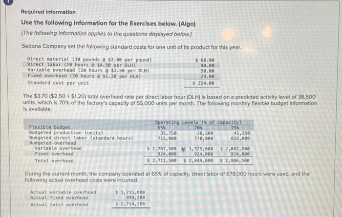 Required information Use the following information for the Exercises below. (Algo) [The