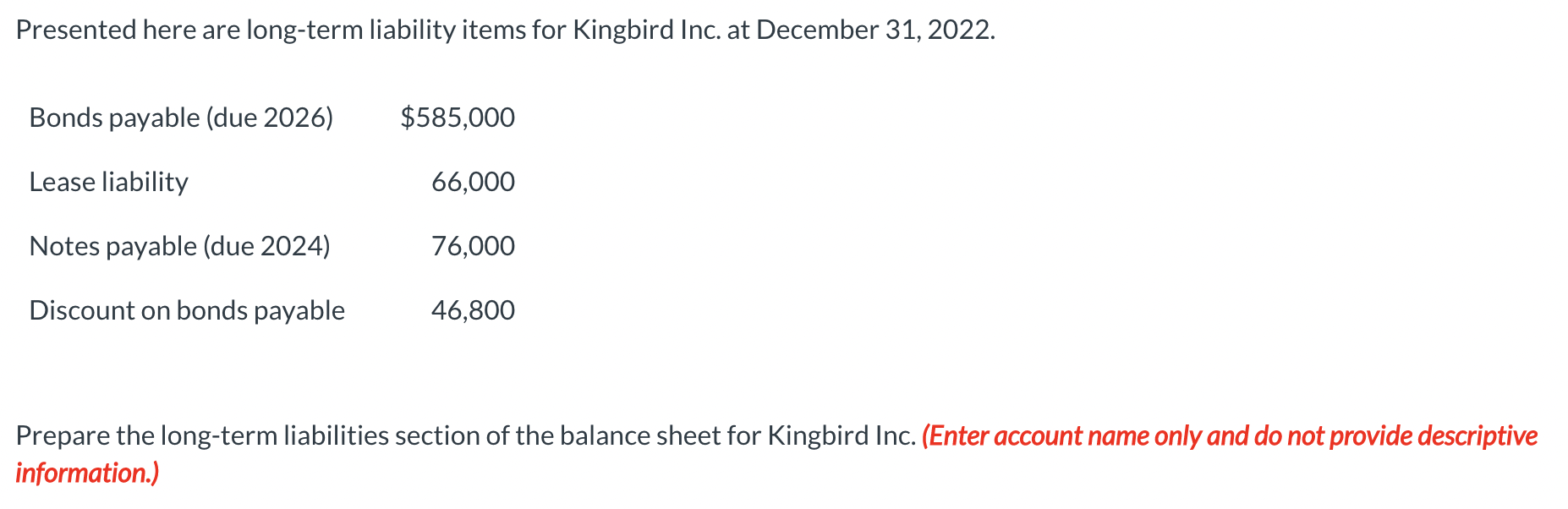 Presented here are long-term liability items for Kingbird Inc. at December 31,