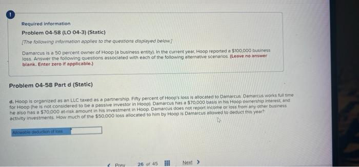 Required information Problem 04-58 (LO 04-3) (Static) [The following information applies to