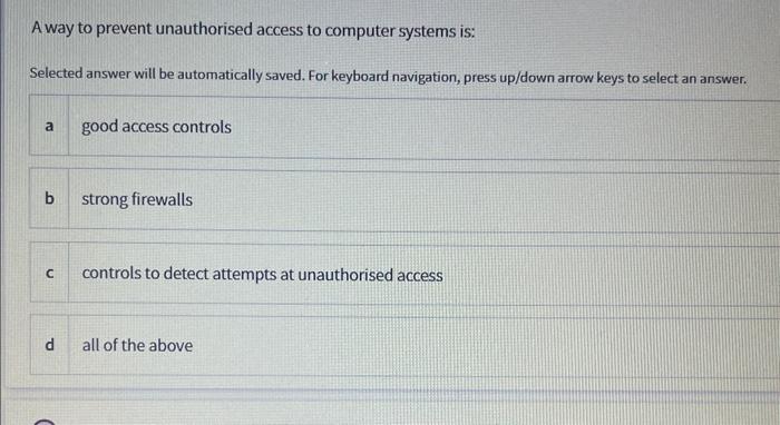 A way to prevent unauthorised access to computer systems is: Selected answer