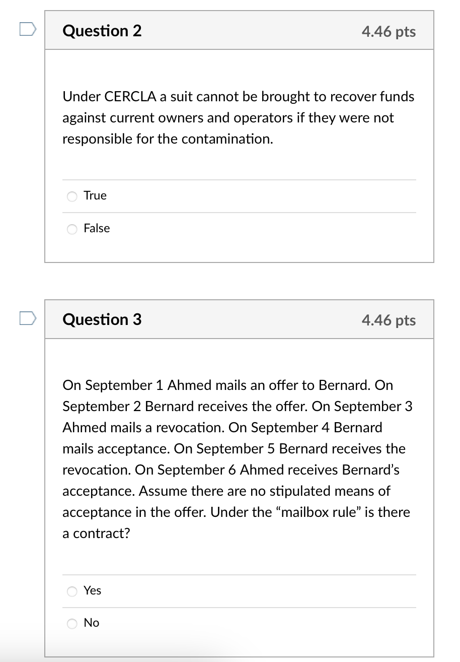 Question 2 4.46 pts Under CERCLA a suit cannot be brought to
