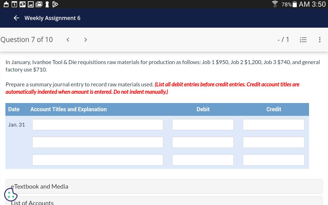 Weekly Assignment 6 Question 7 of 10 < > 78% AM 3:50