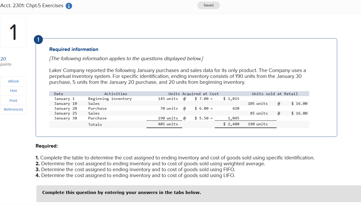 Acct. 2301: Chpt.5 Exercises i 20 points 1 ! Required information [The