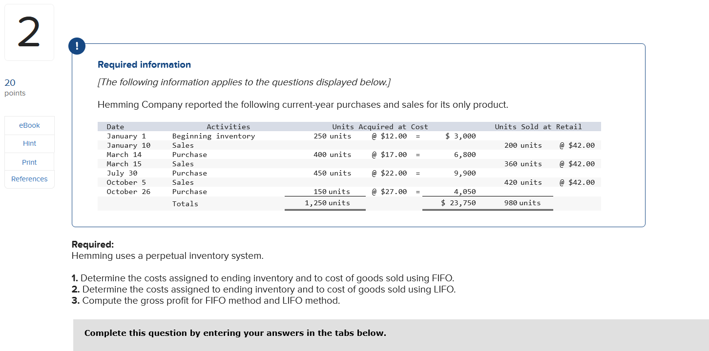 January 20 purchase, and 20 units from beginning inventory. eBook Hint Date