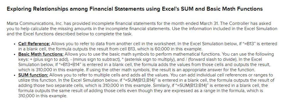Exploring Relationships among Financial Statements using Excel's SUM and Basic Math Functions