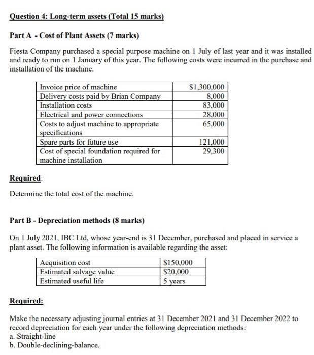 Question 4: Long-term assets (Total 15 marks) Part A -Cost of Plant