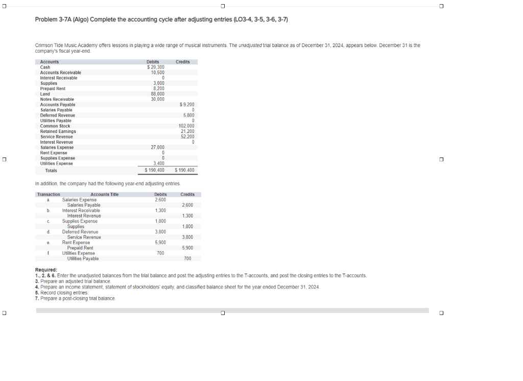Problem 3-7A (Algo) Complete the accounting cycle after adjusting entries (LO3-4, 3-5,