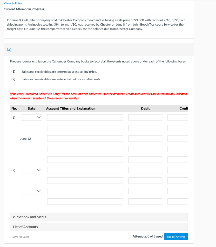 View Policies Current Attempt in Progress On June 3, Cullumber Company sold