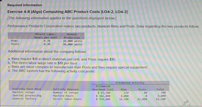 Required information Exercise 4-8 (Algo) Computing ABC Product Costs [LO4-2, LO4-3] [The