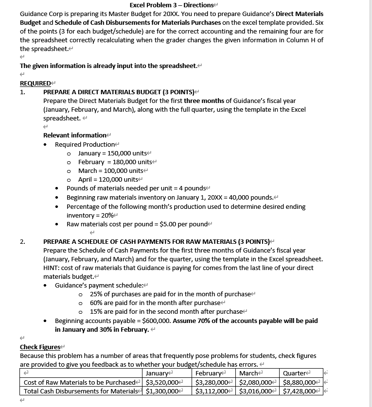 Excel Problem 3 - Directions Guidance Corp is preparing its Master Budget