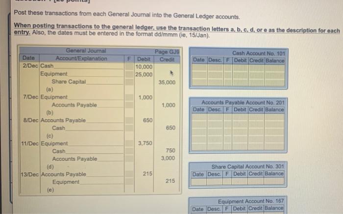 Post these transactions from each General Journal into the General Ledger accounts.
