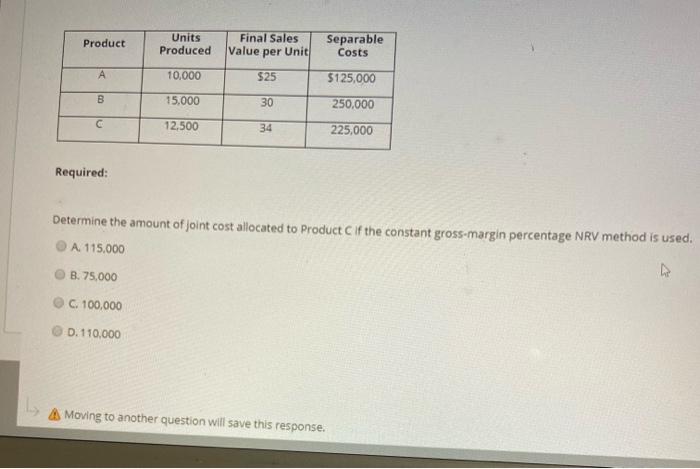 Product Units Produced Final Sales Value per Unit Separable Costs A 10,000