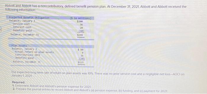 Abbott and Abbott has a noncontributory, defined benefit pension plan. At December