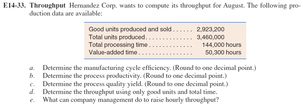 E14-33. Throughput Hernandez Corp. wants to compute its throughput for August. The