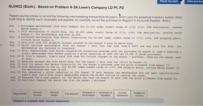 Check my work GL0402 (Static) - Based on Problem 4-2A Lowe's Company