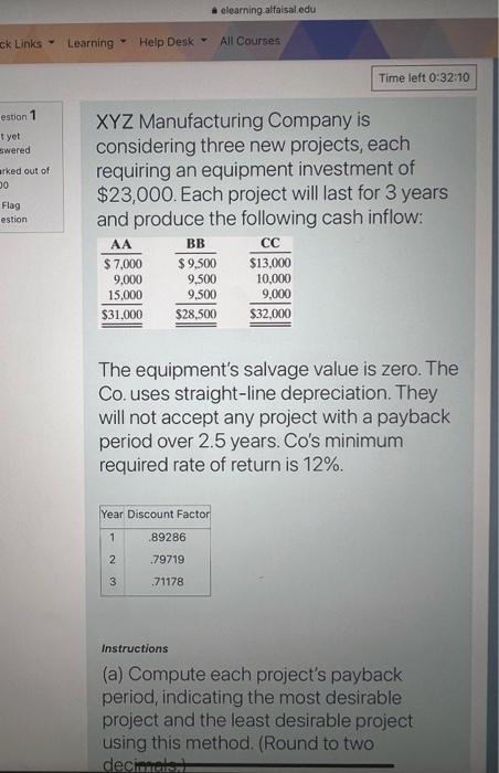 elearning.alfaisal.edu ck Links Learning Help Desk All Courses Time left 0:32:10 estion